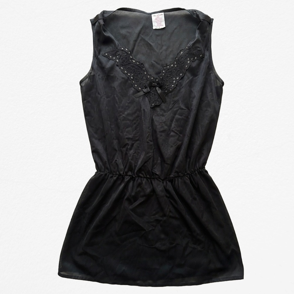 Petra Fashions Vintage Black Nylon Nightgown Lace Trim Elastic Waist Medium‎